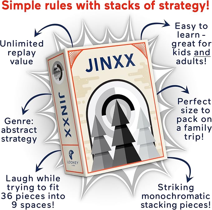 Looney Labs Jinxx – A Compact Abstract Strategy Game for 2-4 Players Featuring Stackable Pyramids