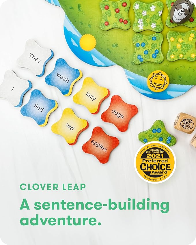 SimplyFun Clover Leap - Educational Vocabulary Game - Sentence Building for Kids Develop Sentence Structure &amp Vocabulary Skills Fun Learning Game for Families - 2-4 Players Ages 5 &amp Up