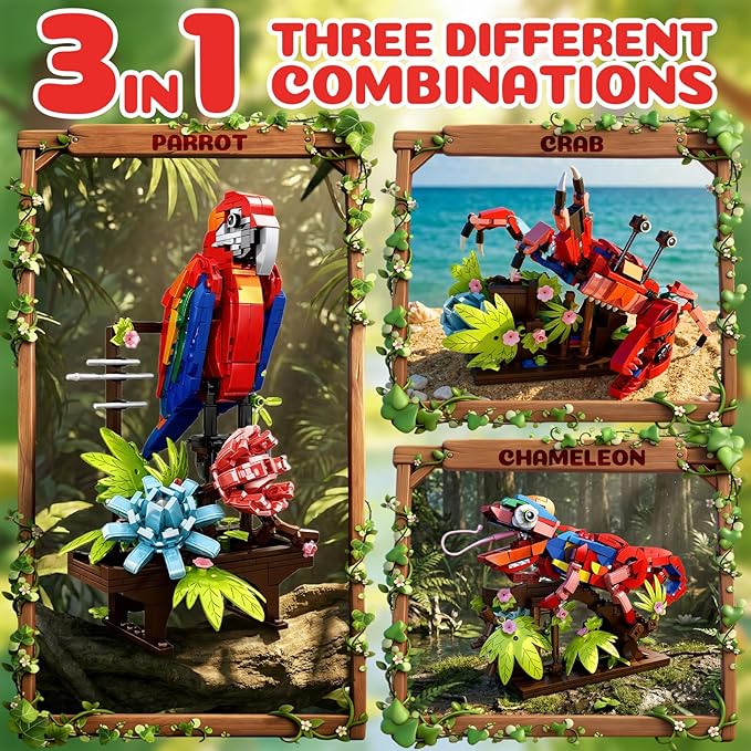 3-in-1 Parrot Building Sets 538 PCS Chameleon &amp Crab Animal Model with Flowers Creative Bird Construction Kit for Adults Nature Display Gift (Compatible with Major Brands)