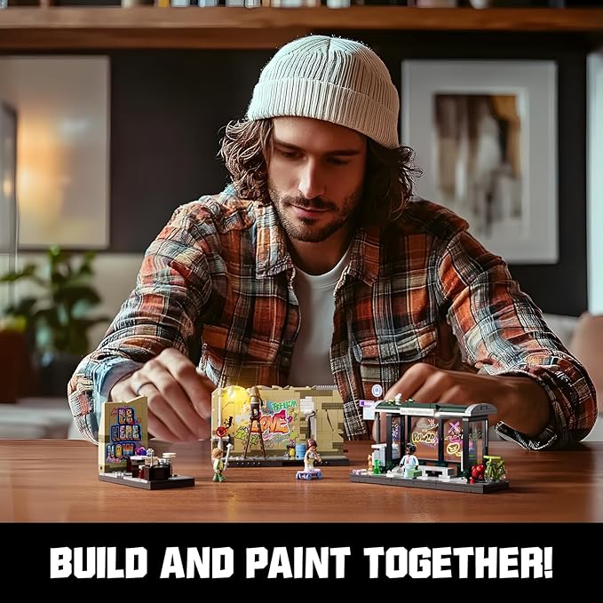 FUNWHOLE Graffiti Bus Stop Lighting Building Bricks Set - Street Fusion City Town Bus Station with LED Lgiht Multi-Form Modular Collection Kit 514 Pcs for Adults &amp Teens &amp Street Culture Lover