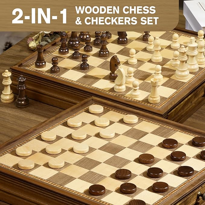Peradix Magnetic Chess Checkers Board Sets with 2 Built-in Storage Drawers15 Classic 2 in 1 Wooden Games with 2 Extra Queens for Kids and AdultsTravel Portable Chess Game Set