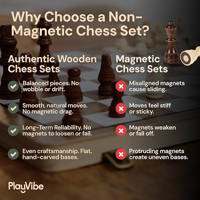 PlayVibe Wooden Chess Set 15'' Board Games for Families with 2 Extra Queens - Handmade Wooden Chess &amp Checkers Portable Folding Travel Board Outdoor Park &amp Garden Play Spring Gift for Adult