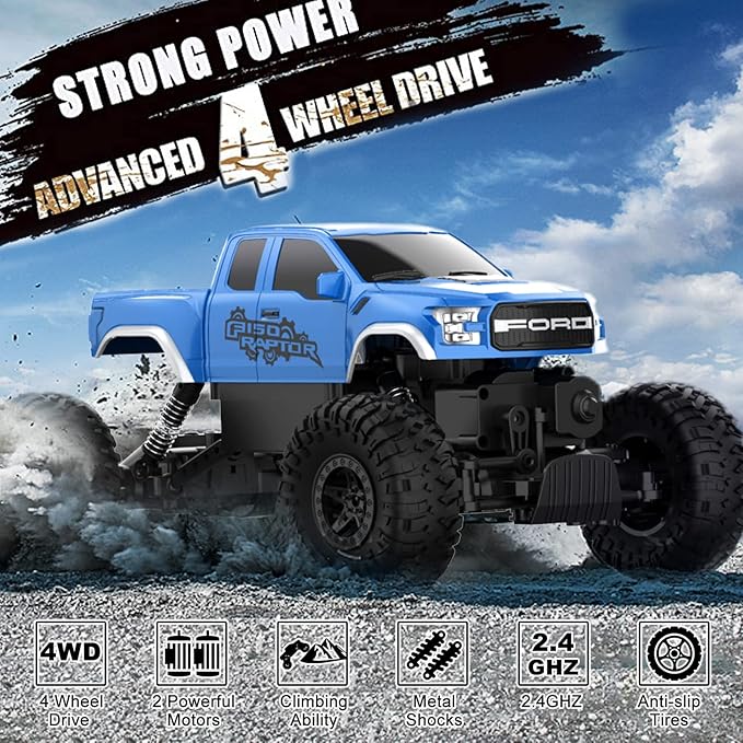 DOUBLE E Ford Raptor F150 RC Car 4WD Monster Trucks for Boys11 Inches Off Road Crawler Vehicle RC Truck Toy Gift for Boys Girls 6 7 8-12 Years-Blue
