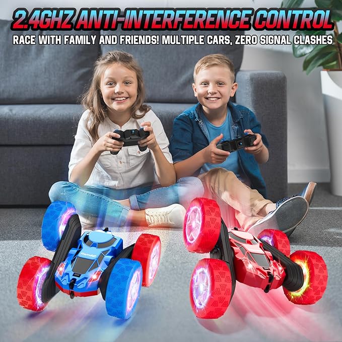 Remote Control RC Car for Kids 6-12 High-Speed 4WD Stunt Car with LED Lights &amp 360° Rotation 2.4GHz Off-Road Vehicle Toy with Rechargeable Battery Cool Valentines and Birthday Gift for Boys