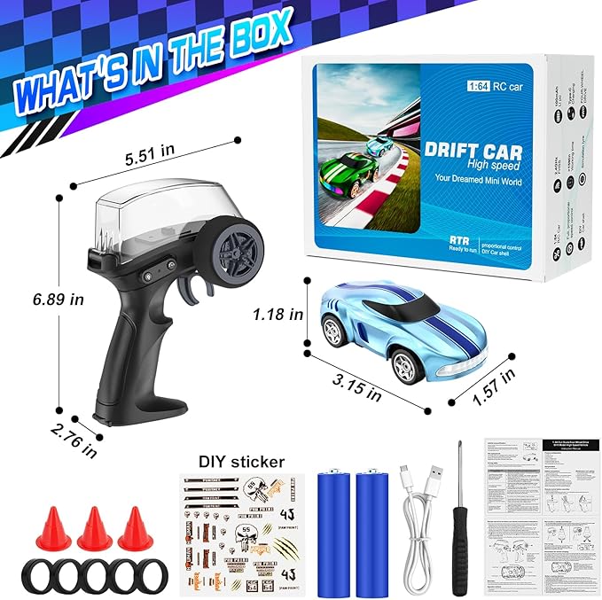 RC Drift Car 1/64 Mini Drift RC Cars 4WD Micro Remote Control Car with LED Lights and Speed Switch Ideal Birthday Cars Toys for Adults Kids Boys Age 6 7 8-12 Blue