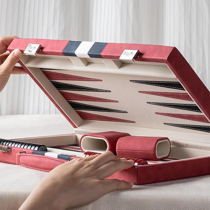 15inch Backgammon Sets for Adults Classic Board Game with Folding Leather Backgammon Case Faux Leather Exterior and Velvet Interior Portable Travel Game Set (Red)