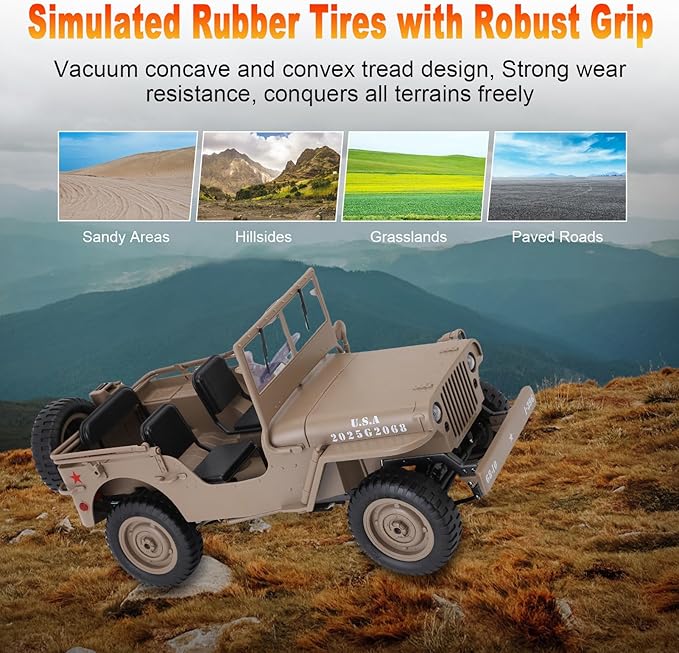 RC Crawler 1:10 Scale D888 Willys Military Jeep 2.4Ghz 4WD Off Road Rock Crawler with Lights Removable Accessories All Terrain RC Jeep Toy for Adult Teens-Upgradable (2 Batteries)