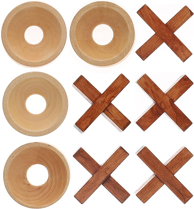 Wooden Tic Tac Toe Game – 9 Inch Solid Wood Board with X and O Pieces Decorative Coffee Table Game Classic Home Décor Accent