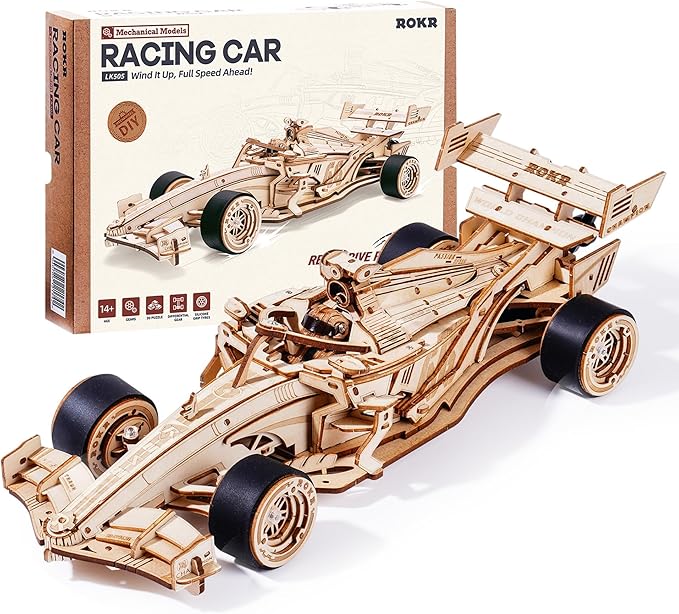 ROKR 3D Wooden Puzzle 1:18 Scale Formula Racing Cars for Adults 5 Hour Build Wind up Toys Model Car Kits for Adults to Build Ideal Gift for Boys and Men