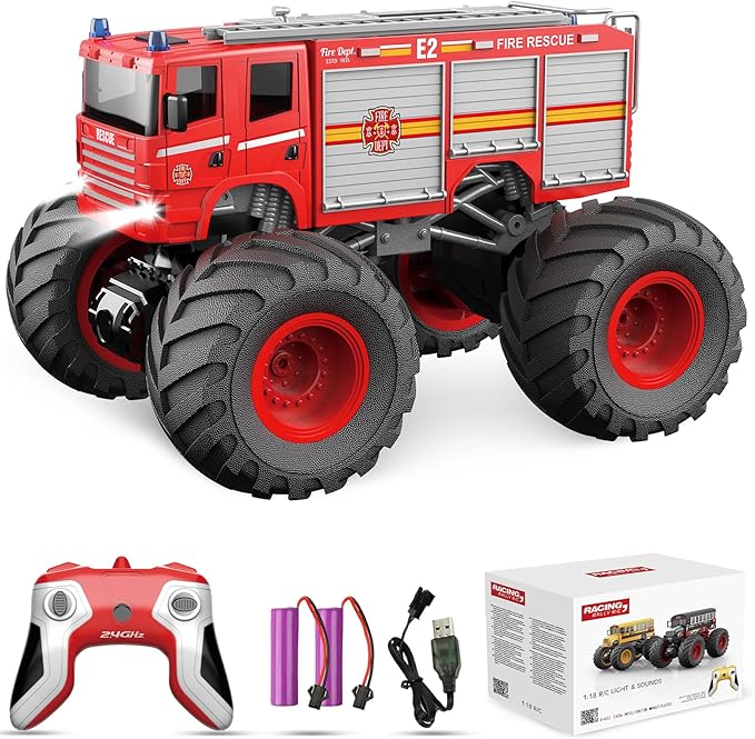 Remote Control Car RC Fire Truck for Kids RC Monster Truck Toy 2.4GHz 1:18 Scale Model Vehicle with LED Lights Sounds Racing Sport Toy Car for Adults Boys Girls Kids Gift 2Pcs Batteries