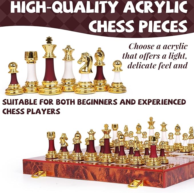 15 Inch Chess Set with Weighted Acrylic Chess Pieces – Tournament Size 3.5” King – Elegant Folding Chess Board for Adults and Kids Professional Family Chess Board Game Set for Home Office &amp Gift
