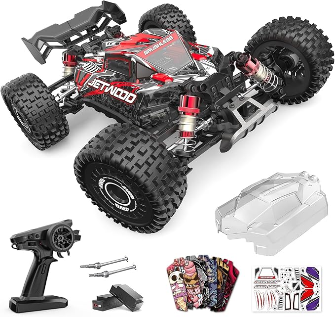 Jetwood 1:16 Fast RC Car Brushless 42MPH Remote Control Car for Adults - High Speed 4WD RTR RC Truck with 2 LiPo Batteries &amp DIY Body JC16EP Red