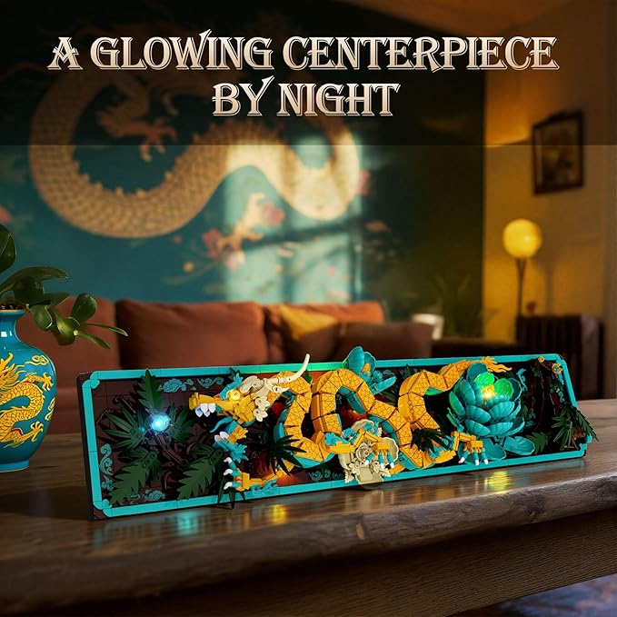 JMBricklayer Mythic Dragon Tiles Building Block Sets with LED Lights for Adults 70020 Wall Art Crafts Frame Building Sets Home &amp Office Decor Dragon Kits with Flowers Creative Gifts for Men Wo