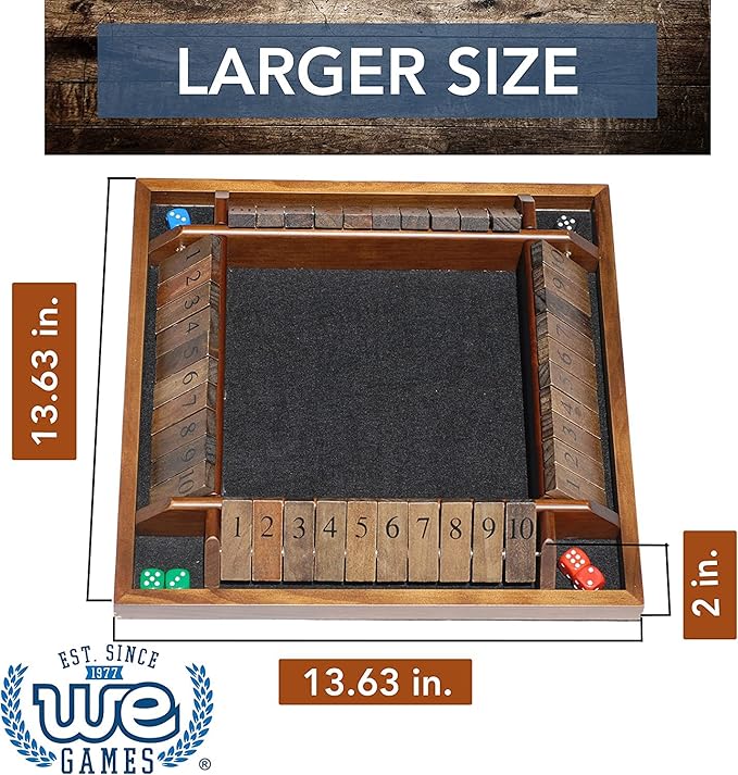 WE Games Shut The Box Board Game - Classic 4 Player Wooden Table Top Dice Game for Family Game Night Walnut Stained Wood 14 in. 10 Numbers Classroom Play or Bar Fun for Adults