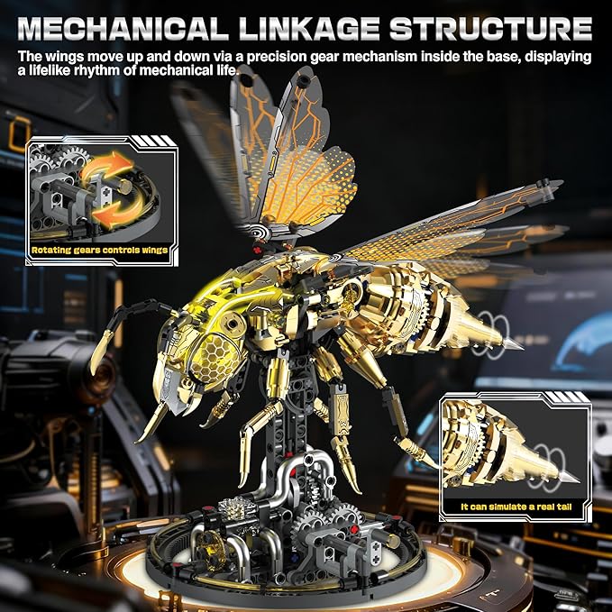 Mechanical Bee Building Set for Adults Technic Animal Building Block Insect Model with Lights &amp Moving Wings Golden Robot Bee Collectible Toy Kit Creative Display &amp Gift Idea 832Pcs