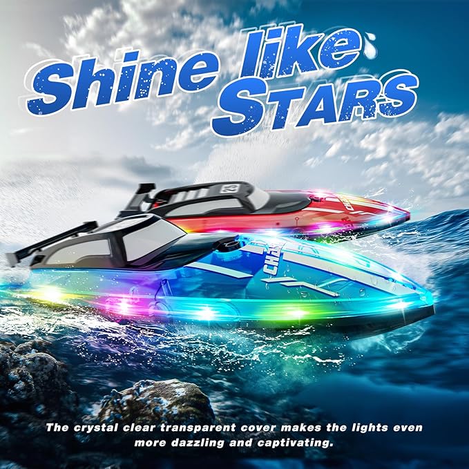RC Boat for Kids with LED Lights 2.4Ghz Remote Control Racing Boats for Ages 8-12Toy Water Boat for Pools &amp Lakes with WaterproofRechargeable Battery for Boys Girls Blue