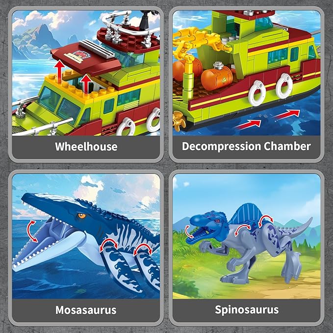 3 in 1 Sea Dinosaur Building Blocks Kit Set Compatible with Lego Dinosaur World Park Spinosaurus Mosasaurus Discovery Crossing Ocean World Building Set Boat STEM Toys Gift Kids Adults Boys Age 8-12