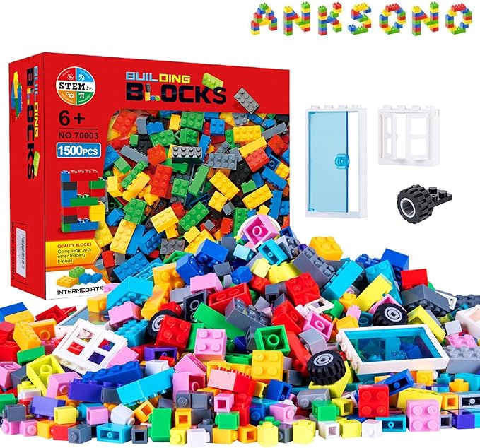 1500 Pieces Building Bricks for Kids with Doors Windows Wheels Tires Axles Classic Building Bulk Blocks Compatible with All Major Brands for Boys Girls Ages 3 4 5 6 7 8 9 10 Year Old