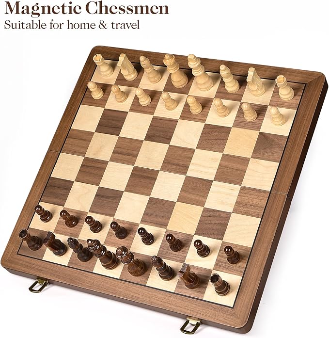 15 Wooden Chess Set with Magnetic Pieces - Extra Queens - Folding Chessboard Portable Travel Tournament Chess Board Games for Adults Kids