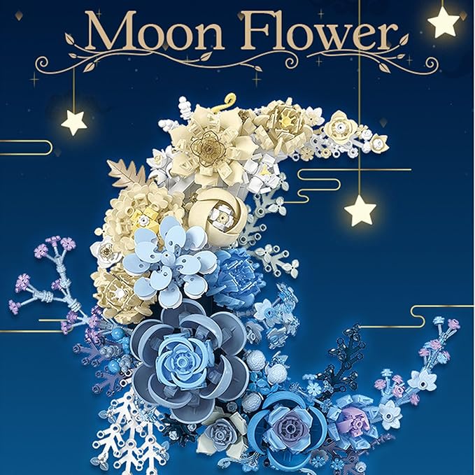 Blue Flowers Moon Building Blocks Set 934 Pcs Dried Flower Botanicals Collection Creative Floral Building for Wall Decor Compatible with Lego Flowers Artistic Gift with Ages 6+