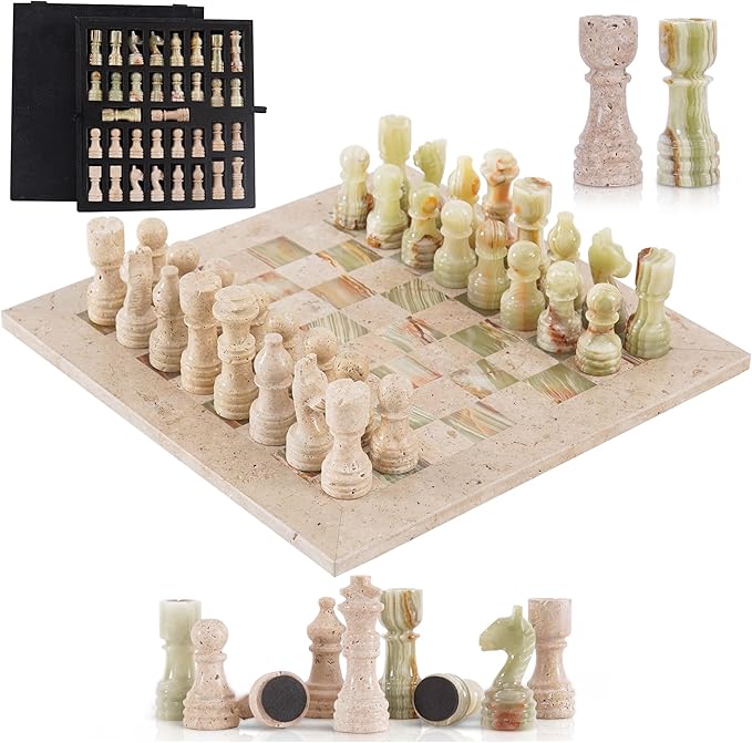 Marble Chess Set 12 Inch Handmade Travertine and Green Board Games for Adults with Storage Box Classic Table Chess Board with Pieces &amp 2 Extra Queens Gifts &amp Home Décor