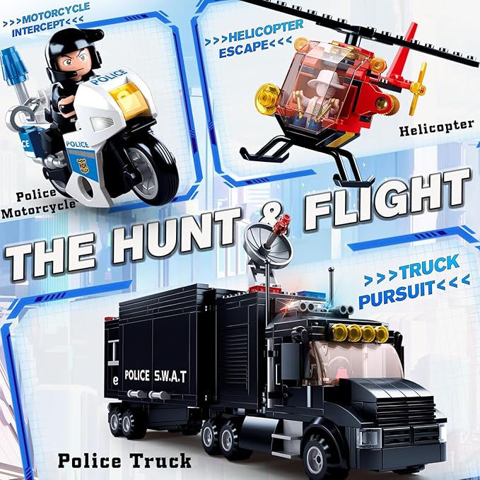City Police Chase Building Set SWAT Mobile Command Police Truck Building Toy with Helicopter &amp Police Motorcycle Compatible with Lego City Police Station Gift for Boys Girls Aged 6+ 540 PCS