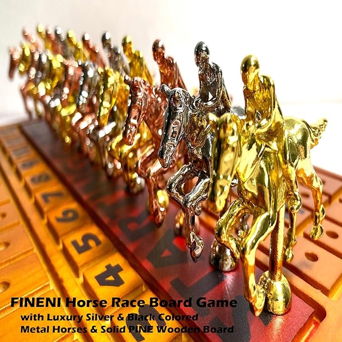 Horse Racing Game for Adults - 11 Luxurious Metal Horses (Silver Black Rose Gold) 16 Dark Pine Wood Race Board Dice &amp Card Included (Dark Color)