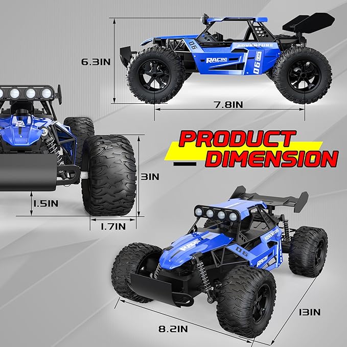 RC Monster Truck for Kids Ages 4–8 1:12 Remote Control Car with Alloy Shell 15.5 MPH (25KM/H) Fast Off Road Blue RC Car with 2 Speed Modes &amp LED Lights 2.4GHz Easy Control Toy Gift for Boys