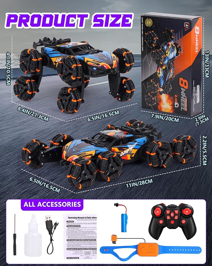HuiJuKeJi Gesture Sensing RC Stunt Car Toy for Kids 2.4GHz Remote Control Car Toy 1:18 8WD Hand-Controlled Vehicle with Auto Demo Spray Lights and Music for Birthday Ages 6-14