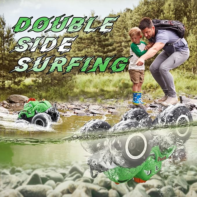 Monster Truck Toys 1:20 Waterproof Dinosaur Monster Trucks for Boys Age 4-7 2.4GHz All Terrain RC Cars with 2 Batteries 360° Rotating Stunt RC Car Toy Birthday Gift for Kids 3-5