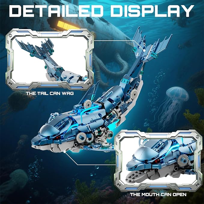 Mechanical Blue Dolphin Building Blocks Set with Hand-Crank &amp Motorized Movement Interactive Detailed Gear Design Display &amp Play Model Futuristic Ocean Animal Model