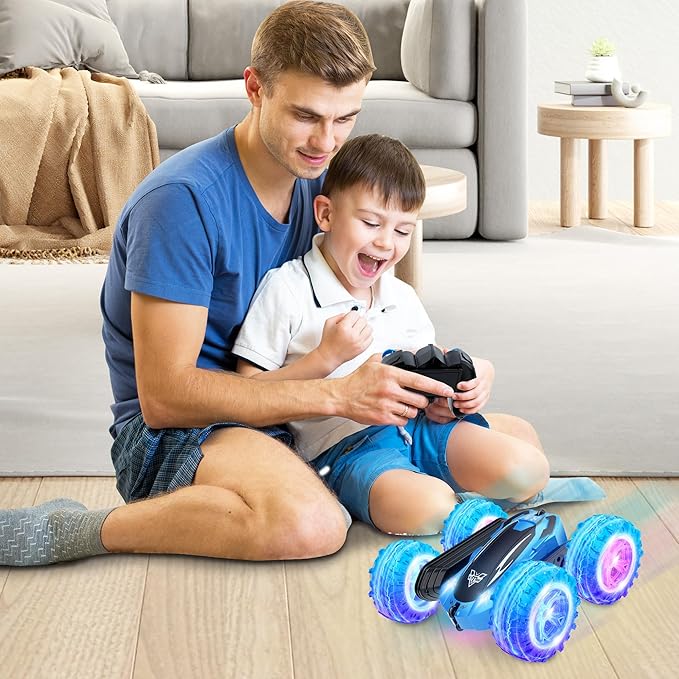 KKONES Remote Control Car 2.4GHz Double Sided 360° Flips Rotating Electric Race RC Stunt Car LED Wheel &amp Headlight High Speed Off Road Cars Toy Gift for 3 4 5 6 7 8-12 Year Old Boy Toys (Blue)