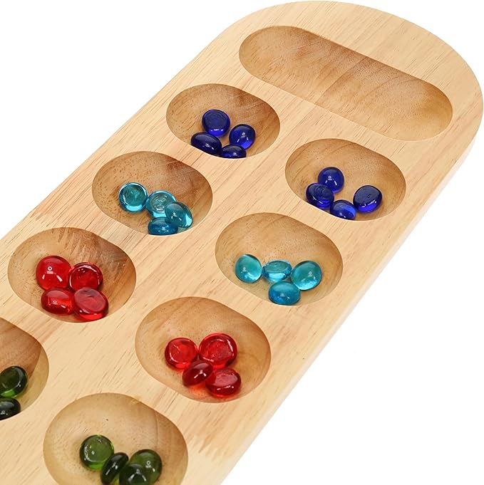WE Games Classic Mancala Board Game 22 inch Large Natural Wood Board with Assorted Glass Mancala Stones African Stone Game Table Top Décor