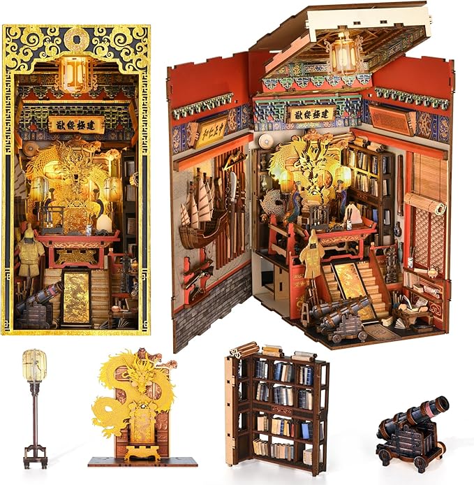 Book Nook Kit 3D Wooden Puzzle for Teens and Adults DIY Miniature Dollhouse Booknook Kit Bookend Bookshelf Insert Decor with LED Light (The Emperor’s Study)