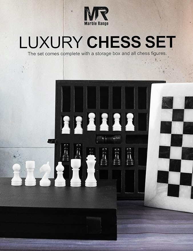 Marble Chess Set for Adults 12 Handmade White &amp Black Board Game with 32 Chess Pieces 2 Extra Queens &amp Storage Box Luxury Travel Game Elegant for Home Decor
