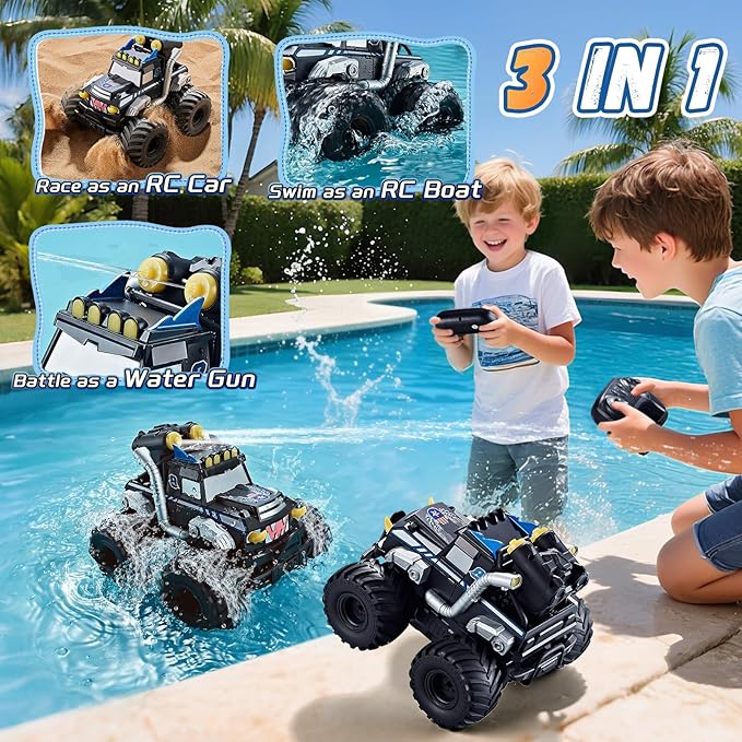 3-in-1 Amphibious Remote Control Car RC Boat/Water Gun 2.4GHz All Terrain Waterproof Monster Trucks for Boys Age 4-7 W/2 Batteries 70 min Birthday Gift Pool Toys for Kids Ages 4-8