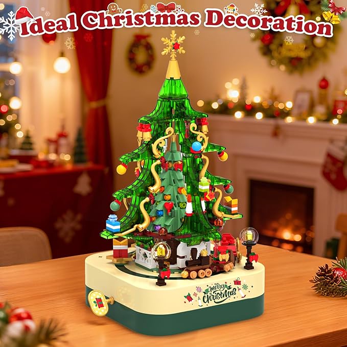 Shemira 594 PCS Christmas Tree Building Block Toy Set Rotating Christmas Music Box Toy Building Sets for Kids Boys Girls Teens Christmas Toys Decoration for Kids Adult Green