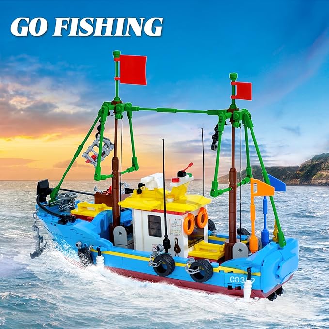 Fishing Boat Building Blocks Sets Pirate Ship Sea Fishing Building Block Toy Set Collection Show Creative Gifts Toys for Boys and Girl Ages 6-12 Years Old and up 645 PCS