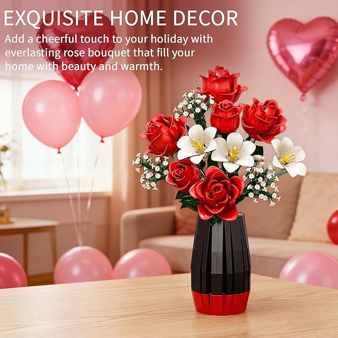Rose Flowers Bouquet Building Set with Vase Included 1077 PCS Artificial Flowers Botanical Collection Kit for Adults Women Men &amp Teen Girl Mother's Day Birthday Gifts for Mom Her Wife Girlfriend