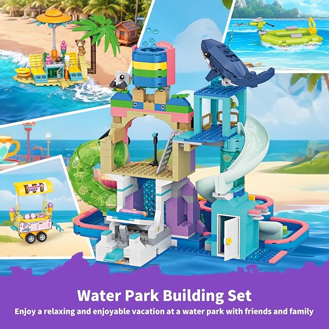 1150Pcs Friends Water Park Building Set STEM Summer Fun Party Toy with Swimming Pool SlidesWater CanonsDiving PlatformAnimal Pretend Play Kit for kids Birthday Gifts for Girls Ages 6-12+