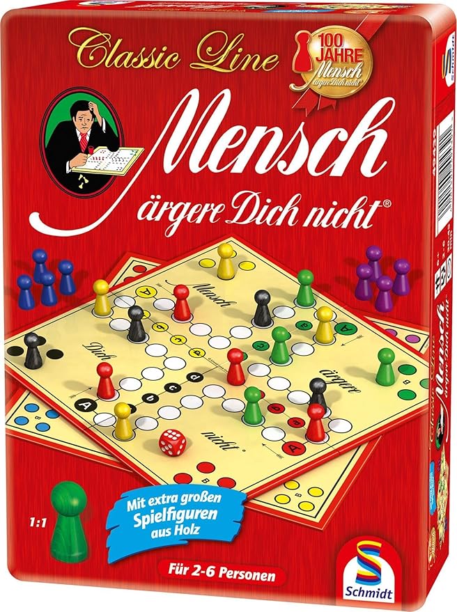 Schmidt Spiele 49439 Mensch ärgere Dich Nicht in der Metalldose Classic Line with Extra Large Wooden Toy Figures