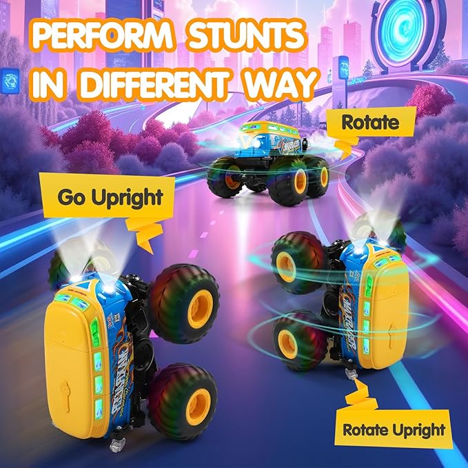 DYODYORC Remote Control Car 2.4Ghz All Terrain RC Monster Truck Toys with Spray Music 3 Lighting Effects 360 Stunt Capable All Included Ready to Run Toy Gifts for Boys and Girl (Yellow)