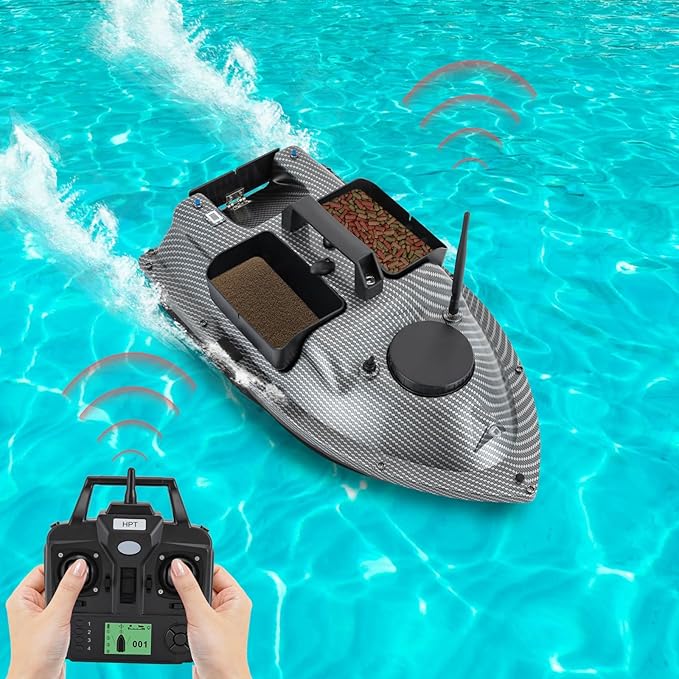 RC Bait Boat 600m/1968ft Long-Distance Control Surf Fishing Bait Boat 4.4LBS Loading Capacity with Dual 5200mAh Battery and LCD for Lake/Ocean Angling Auto Navigation (Gray)