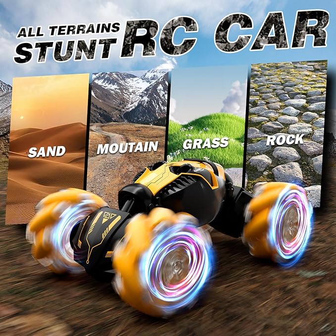 Remote Control Car for Boys 8-12 4WD Gesture Sensing RC Stunt Car 2.4Ghz with Lights Music Sprayer RC Cars for Boys Age 4-7 8-12 Hand-Controlled Cars Toys Birthday Gifts for Kids Girls Yellow