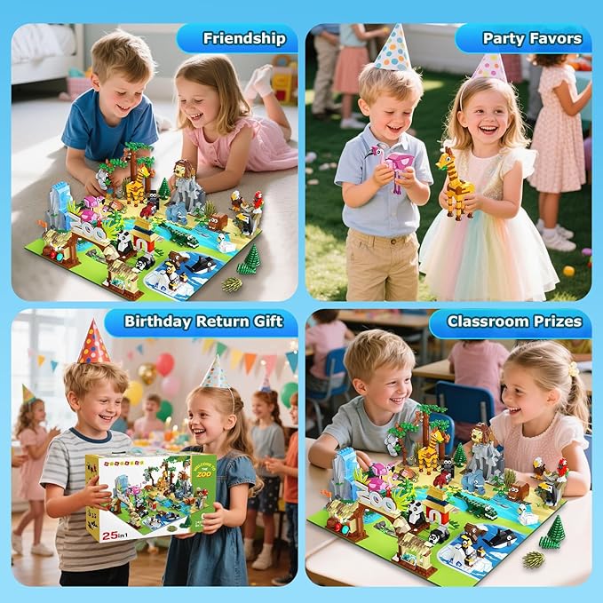 HOGOKIDS 25 Animals Zoo Building Set with Play Mat - 8 Pack Zoo Scene modules Blocks Toy for Easter Valentines Day Party Favors Classroom Prizes Fillers Birthday Gifts for Kids Boys Girls 6+ (1460PCS)