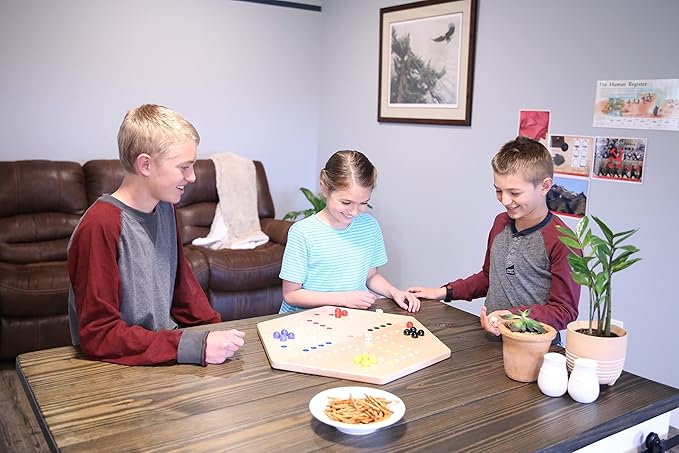 AmishToyBox.com Wahoo Wooden Marble Game Board Set - Large 24 Wide - Solid Oak Wood - Double-Sided - with Large 22mm Marbles and Dice Included