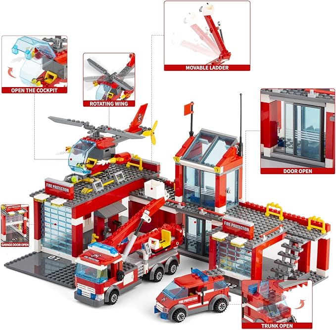 QLT QIAOLETONG City Fire Station Building Kit 774 Pcs Building Set Including Fire Station Fire Truck Fire HelicopterFire Fighter City Building Blocks STEM Toys Gift for Boys 6-10 Years Old.