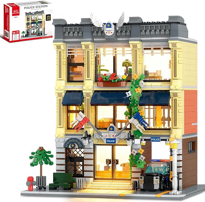 City Police Station Building Set Compatible with Lego Retro Modular 3-Story Architecture with LED Lights Realistic Street Scene Display for Adults &amp Teens (1445 Pieces)
