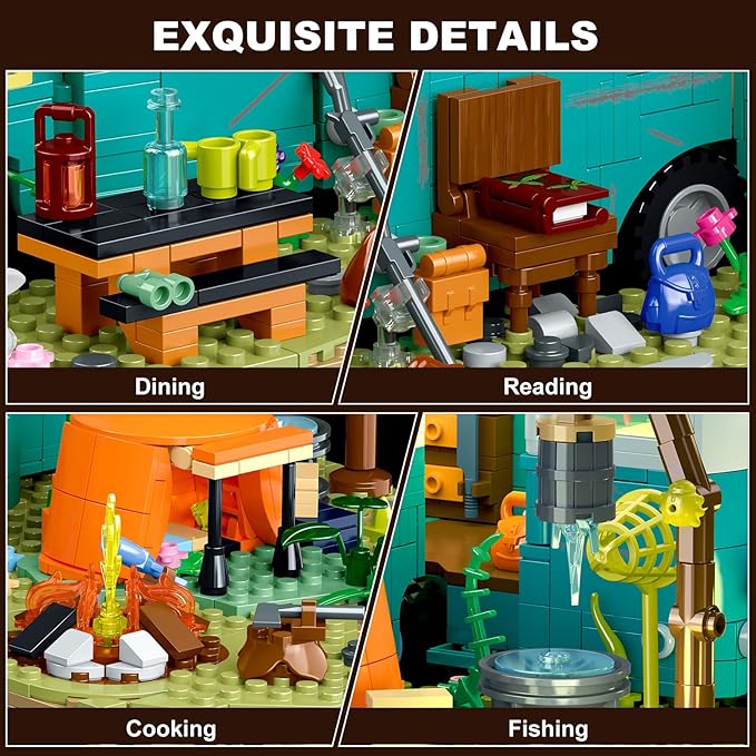 Wilderness Bus Building Set with Light 1392PCS Camping Building Toy Kit with Removable Bus Animals and Rich Accessories Creative Home Decor &amp Display Xmas Birthday Gifts for Adults Teens