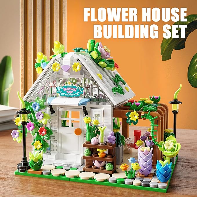 Flower House Building Set with Lights Garden House Building Toy Kits Compatible with Trend Creative Greenhouse Playset Christmas Birthday Gift for Adults or Girls 8-12 Years (719PCS)